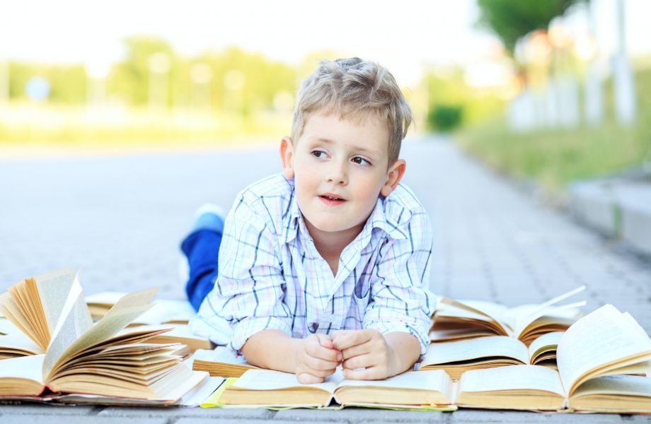 Little pensive boy studying textbooks. The concept is back to school, education, reading, hobbies